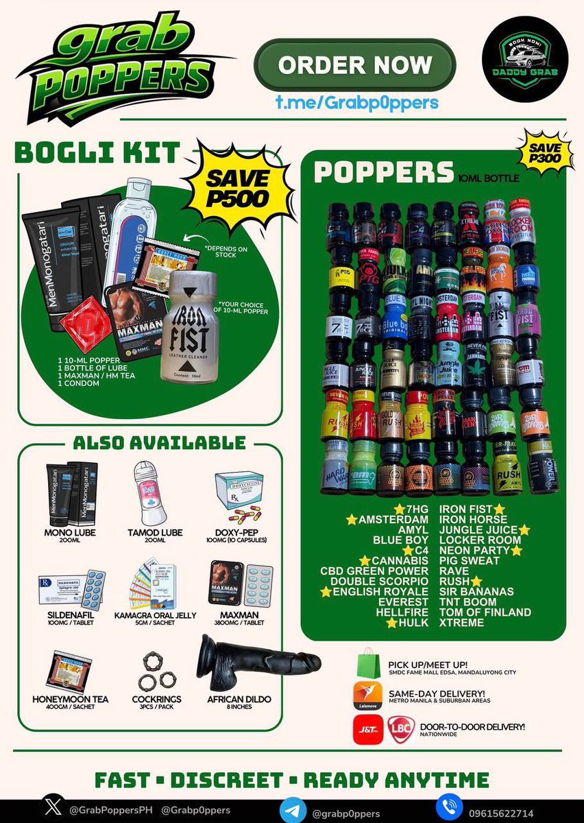 GrabXPoppers's tweet photo. Naghahanap kaba ng Poppers, Lubes at iba pang Adult Products? Just pm us on tg @grabp0ppers

https://t.co/L8Oco39Ja7 👈🏻Click to chat our sales agent

Follow @GrabPoppersPH for more Educational Content About Poppers! 🔥💯 https://t.co/ADORFEKl51