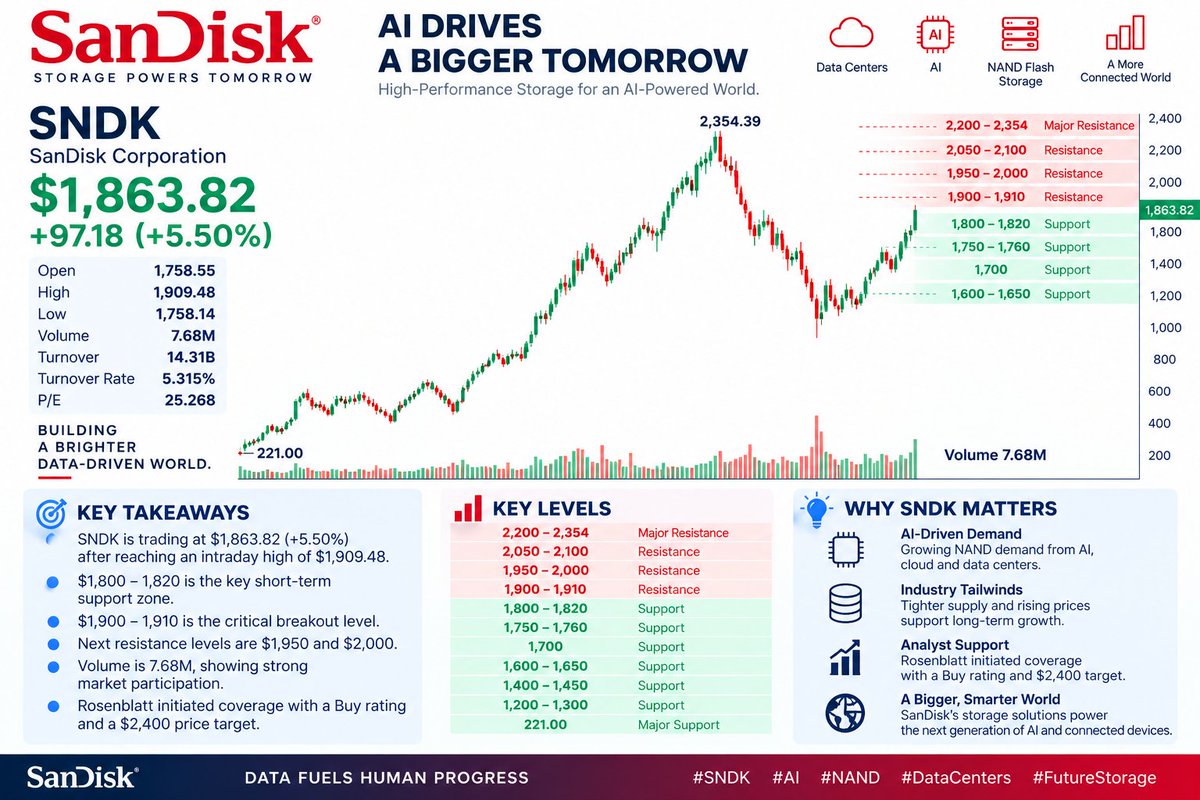 SNDK is trading around $1,863.82 (+5.50%) after reaching $1,909.48.

Support: $1,800–1,820
Resistance: $1,900–1,910
Next: $1,950 / $2,000
My view: momentum is s