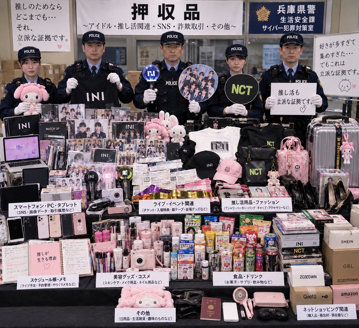 rinchan_potato's tweet photo. 👼🏻おもちちゃん👼🏻に便乗👼🏻🎶

チャッピーに
警察官たちが、最近の家宅捜索で押収した物品の前に立っている写真を生成してください。押収された物品は、あなたが私について知っていることをすべて元にして作ってください。
とお願いした結果…

真ん中の警察官がライブ中の私と同じで笑った🤣🤣 https://t.co/eGK3td132m