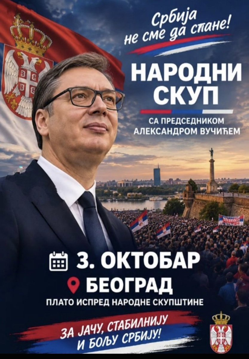 Milentije_D's tweet photo. Vidimo se 03.10.2026 na velikom narodnom skupu u Beogradu.

Pokazaćemo jedinstvo, snagu i pružiti podršku predsedniku Vučiću i njegovoj izvanrednoj politici.

Naša masovnost će pokazati da je narod na strani predsednika Vučića I da mu damo ogromnu podršku da porazi blokadere https://t.co/mCAa2c1q8l