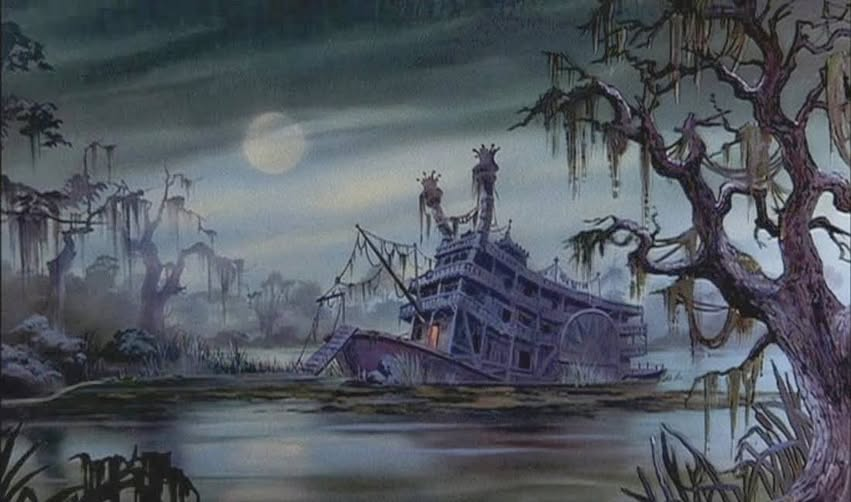 Monkey7771's tweet photo. "The Devil's Bayou" riverboat hideout background art for Disney's "The Rescuers" 1977