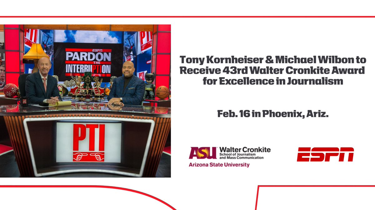 bhofheimer_espn's tweet photo. Congrats to ESPN's Tony Kornheiser &amp; @RealMikeWilbon, who will be honored w/ the 43rd Walter Cronkite Award for Excellence in Journalism by @Cronkite_ASU in Feb: https://t.co/TuECDBM0id

🗓️ Exactly one month from today, Tony &amp; Mike will mark 25 years of hosting @PTI together https://t.co/wBEhQ0joNf