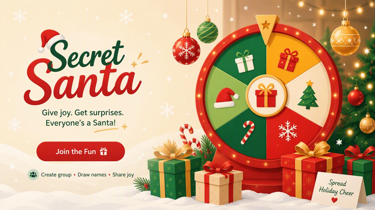 LetsSpinapp's tweet photo. 🎁 Planning a Secret Santa? Skip the hat and paper slips!
Paste your names, hit generate and get a fair, random draw where nobody picks themselves. 
Set a budget, spin the wheel one-by-one, no signup, nothing stored. 100% free 🎄
👉 https://t.co/jfTMcUjS3x
#SecretSanta #Christmas https://t.co/CRxSBNLK4n