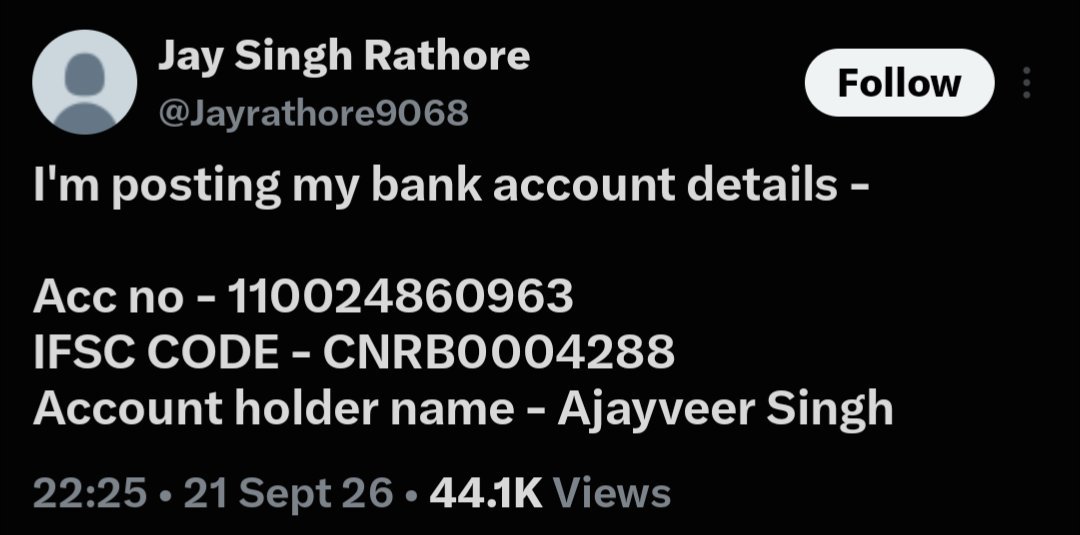 bholination's tweet photo. Hello @agrapolice @Uppolice ,

This guy, @Jayrathore9068, is a scammer. He posted a fabricated story claiming that his sister needed eye treatment, and people genuinely donated after he shared hospital documents and his sister’s Aadhaar card. It's been confirmed from the hospital that he is a scammer. 

Please take appropriate action, as several genuine accounts have lost a significant amount of money.
