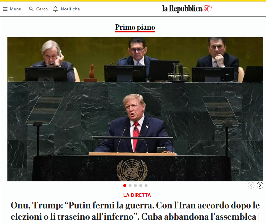 Misurelli77's tweet photo. Mentre il mondo è in fiamme, anche grazie a lui, il venditore di pentole arancione delira all'Assemblea Generale dell'ONU, descrivendo un mondo perfetto che non c'è. Non riconosce nemmeno più la realtà. Chiudetelo! https://t.co/T8adYSko5D