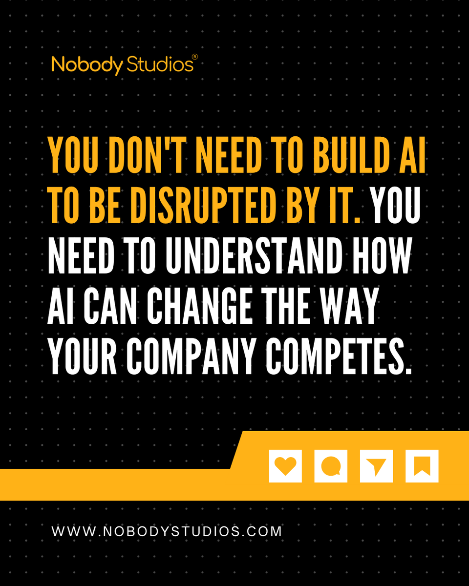 NobodyCrowd's tweet photo. Instead of only asking, “Where can we use AI?” Ask: “What changes if everyone can use it?”

Because the biggest AI opportunity or threat might not be building something new. It might be realizing the rules of your existing business have changed.

#NobodyStudios https://t.co/ZM5cnMuPfy