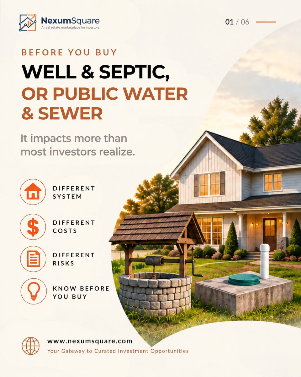 nexumsquare's tweet photo. Buying an investment property with a well or septic system?

It can affect more than just the property’s infrastructure.

It can impact costs, maintenance, tenant experience, and your future risk.

Here’s what investors should check before buying. 🧵 https://t.co/mlQcBzsAkB