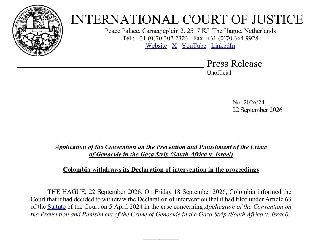 CIJ_ICJ's tweet photo. PRESS RELEASE: #Colombia informed the #ICJ that it had decided to withdraw the Declaration of intervention that it had filed under Article 63 of the Statute of the Court on 5 April 2024... 

(1/2) https://t.co/EbnBHTpkOo