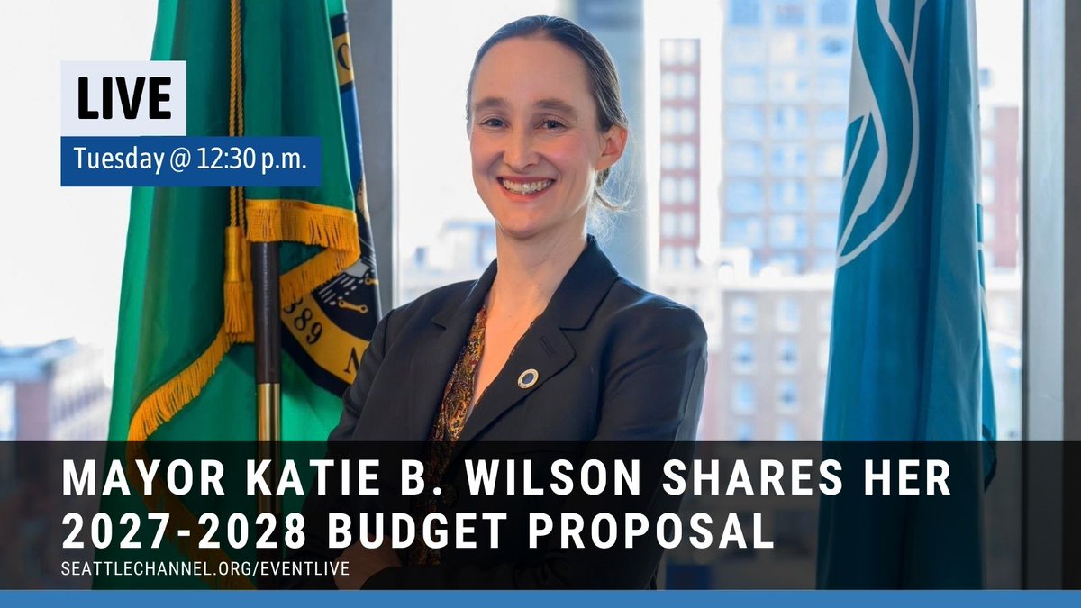 SeattleChannel's tweet photo. Watch live today at 12:30 p.m. as @MayorofSeattle shares her 2027–2028 budget proposal. Tune in: https://t.co/mYgzOJX8kX https://t.co/QyaLY728eu