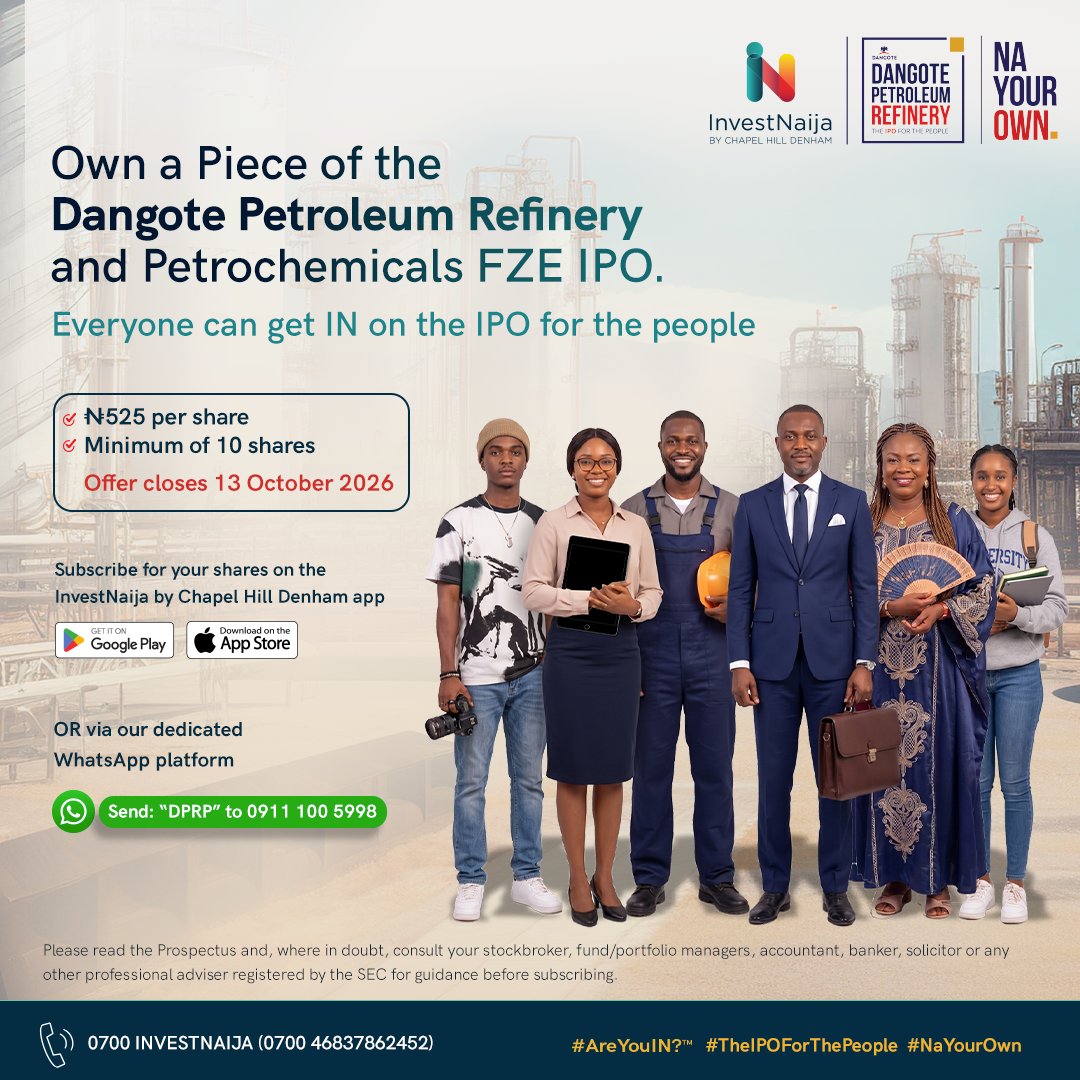 investnaija's tweet photo. Make your money work where Nigeria works: the Dangote Refinery IPO.

Fast and seamless digital application for the Dangote Refinery IPO from ₦5,250.