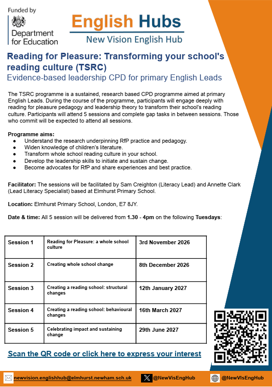 NewVisEngHub's tweet photo. Join our ‘Transforming Your School’s Reading Culture’ programme, designed for schools across North East London &amp; Essex to make reading for pleasure a priority and build a strong, sustainable reading culture.
Sign up: https://t.co/SvLHIeqDcm https://t.co/PhbUpYiJHJ