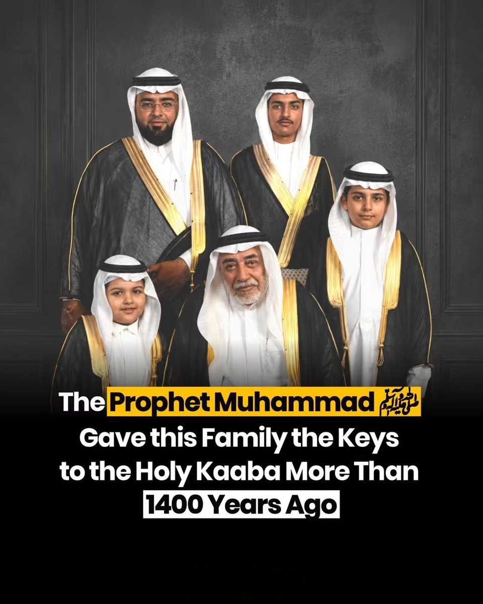 Cool_Ustaz's tweet photo. 🕋 The Family Entrusted With the Key to the Kaaba

The people pictured are members of the Banu Shaybah (Bani Shaiba / Al-Shaibi) family, the historic custodians entrusted with the key to the Holy Kaaba in Makkah.

Their story goes back more than 1,400 years, to the Conquest of Makkah in 8 AH (630 CE).

When the Prophet Muhammad ﷺ entered Makkah and the Kaaba was cleansed of idols, its key was brought to him by Uthman ibn Talha, a Companion from the family entrusted with the Kaaba’s care.

After opening the Kaaba, the Prophet ﷺ returned the key to him and said:

“Take it, O children of Talha, forever until the Day of Resurrection. It will not be taken from you except by an oppressor.”

According to Islamic tradition, the responsibility remained with the family and passed through generations. Today, the Al-Shaibi family continues to hold the historic custodianship of the Kaaba and is entrusted with opening and closing its door during authorised occasions.

One of the most prominent recent custodians was Dr. Saleh bin Zain Al-Abidin Al-Shaibi, who passed away in June 2024. Arab News reported that he was the 77th key holder from the time of the Conquest of Makkah.

What makes this history remarkable is not simply the key itself, but the trust (amanah) attached to it—a responsibility connected to the House of Allah and preserved across generations.

Allah says:

“Indeed, Allah commands you to render trusts to whom they are due…”
— Qur’an 4:58

May Allah preserve the sanctity of the Kaaba and grant those entrusted with its service sincerity, humility and righteousness. Ameen. 🤲

Disclaimer: This post is shared for educational and informational purposes. Some historical details and translations vary between sources.

Cool_Ustaaz ✍️