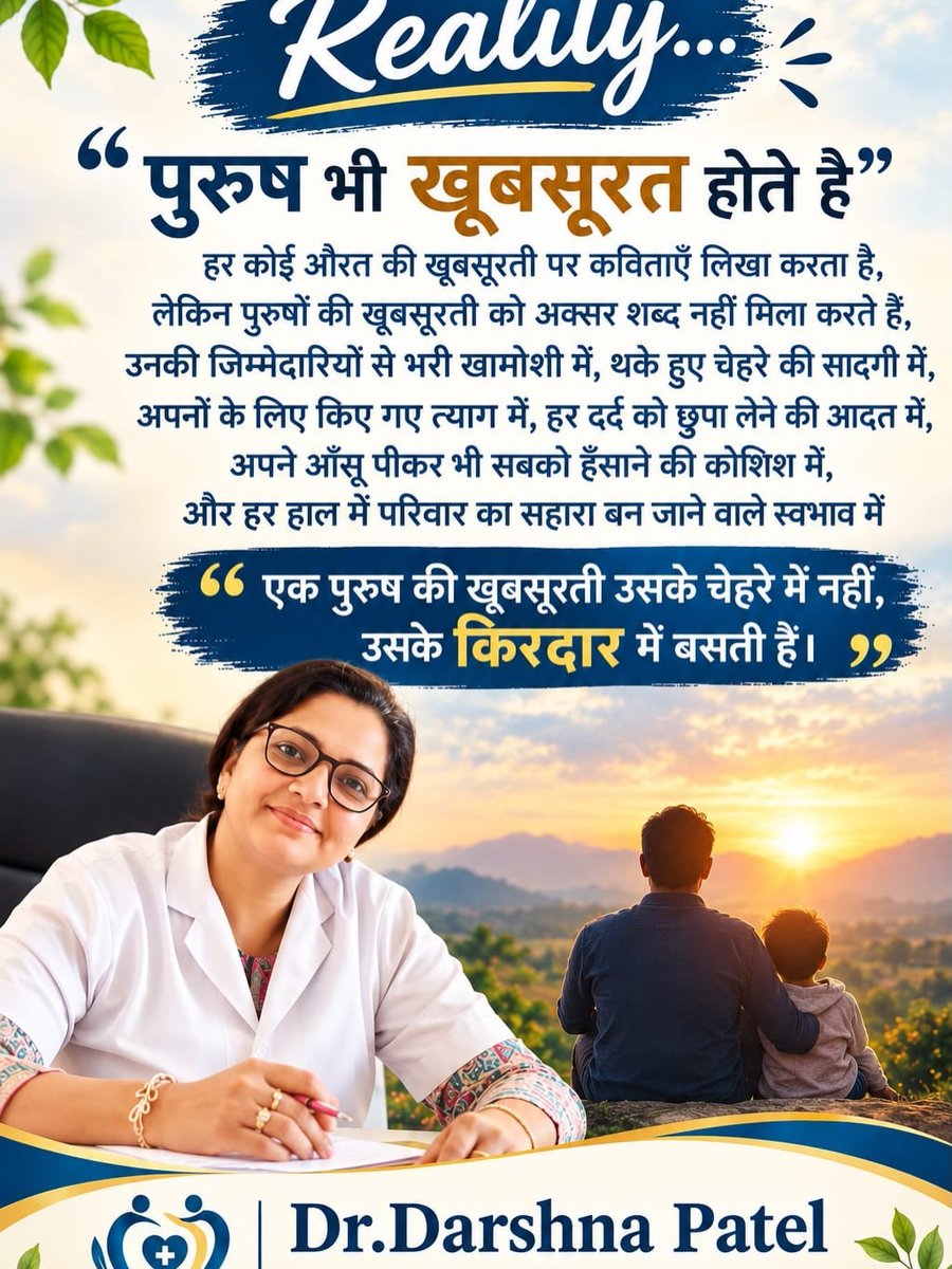 HargovindMistry's tweet photo. मेरे मित्र डॉ. चेतन पटेल की धर्मपत्नी, आदरणीय डॉ. दर्शना पटेल जी के द्वारा पुरुषों के त्याग और किरदार को बयां करती बेहद दिल को छू लेने वाली सुंदर पंक्तियाँ! उनके इन अनमोल विचारों को सादर नमन।
#RealBeauty #DrDarshnaPatel #InspirationalQuotes #TrueCharacter #MensReality https://t.co/vNBa6ZNewT