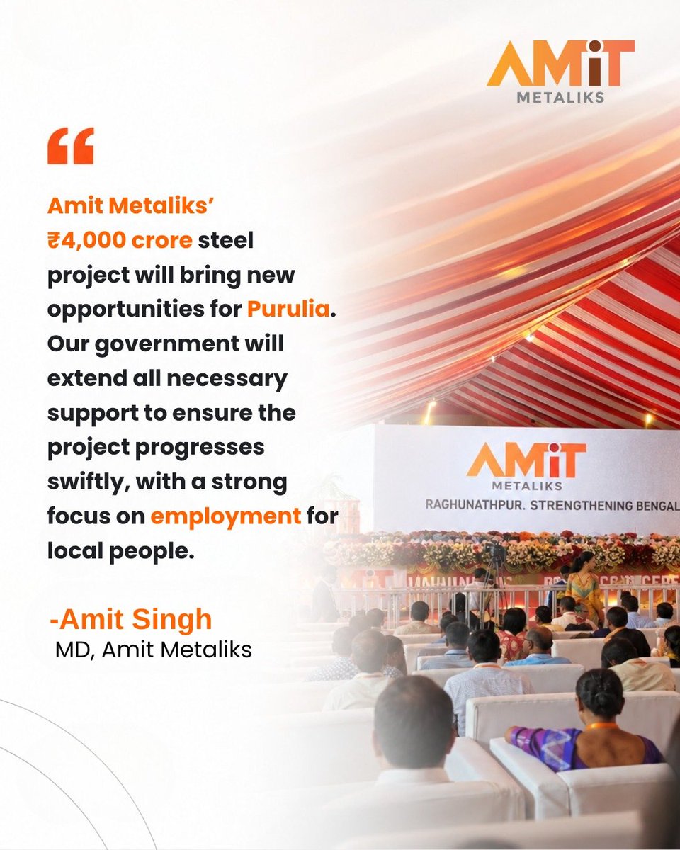 AmitMetaliks's tweet photo. A major step forward for Purulia.

Amit Metaliks’ ₹4,000 crore steel project is set to bring fresh opportunities, industrial growth and employment for people in the region.

#AmitMetaliks #Purulia #WestBengal #SteelIndustry #IndustrialGrowth https://t.co/Bss3mVOqFH