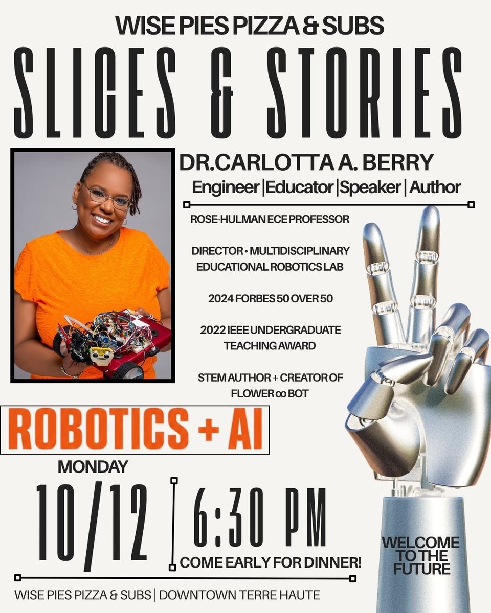 DrCABerry's tweet photo. Catch me, my robots and books at Wise Pies in Terre Haute Indiana on 10/12/26 #STEM #Robot #AI #KidLit #ChildrensBooks #Engineer #Professor #NoireSTEMinist @wisepiespizza
https://t.co/wSUKqHgWO8
#MySTEMISForTheStreets" https://t.co/XgGfDQEC28