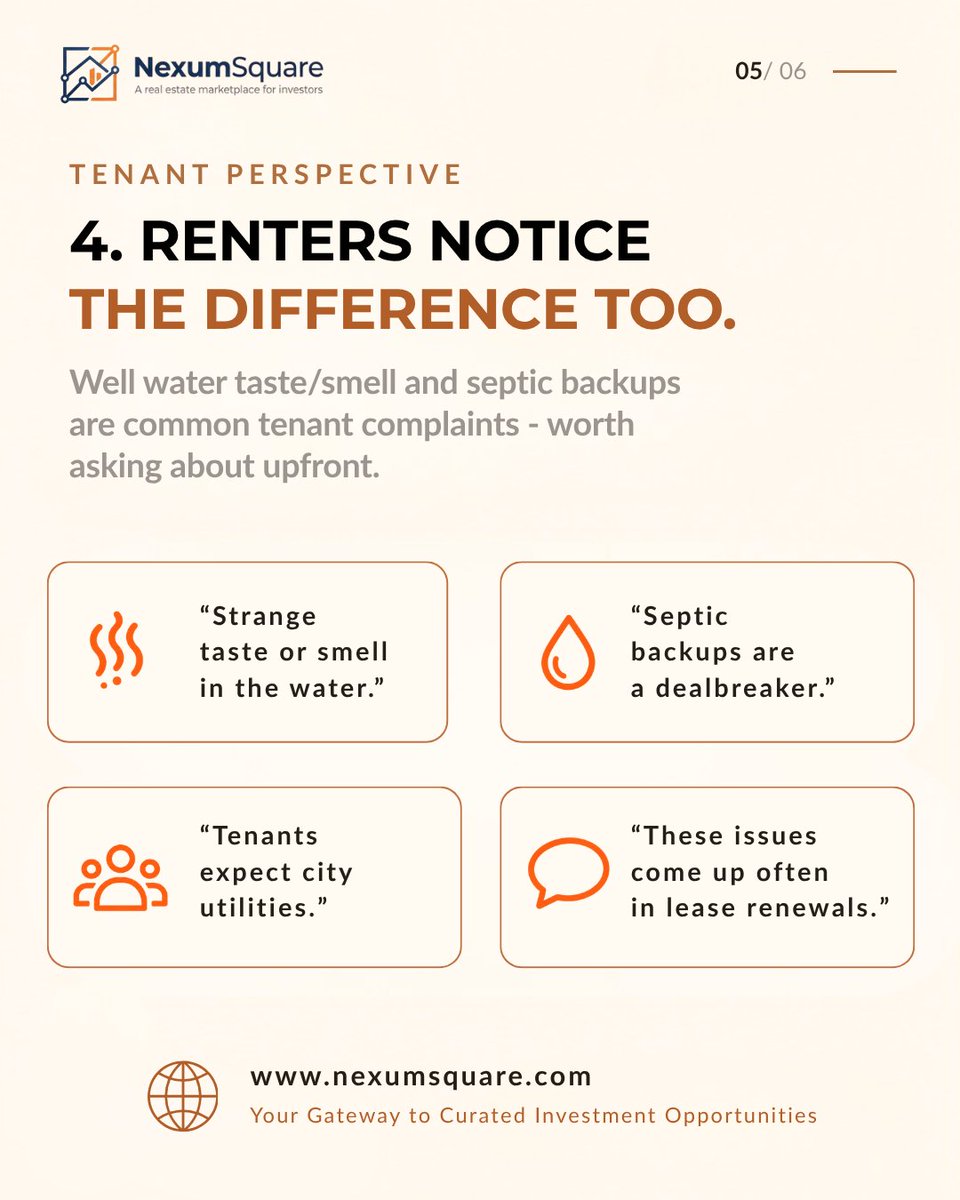 nexumsquare's tweet photo. Now look at it from the tenant’s perspective.

Water taste, odor, pressure, or septic backups can become recurring complaints.

What seems minor during a property tour can matter when it’s time to renew the lease. https://t.co/mcAkZFlbaT