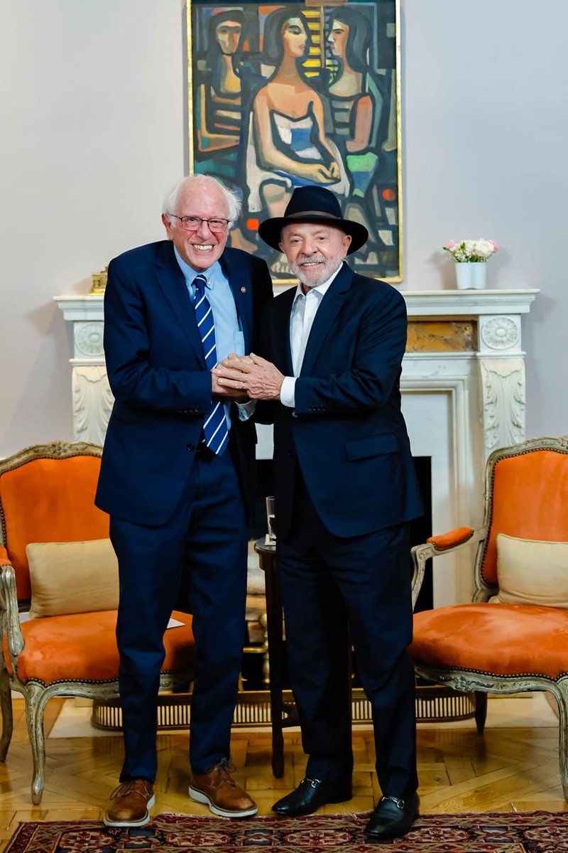 SenSanders's tweet photo. As President of Brazil, Lula da Silva has lifted millions out of poverty, strengthened worker protections and protected Brazilian democracy.

I very much enjoyed meeting with him yesterday to discuss the important issues facing Brazil, the United States and the global community. https://t.co/Qr4vzUqedC