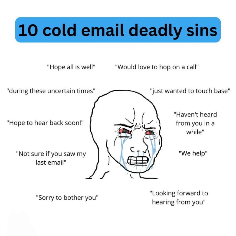 Naghi01's tweet photo. cold email sins we’ve all committed at least once 💀

which one are you guilty of? https://t.co/yIX2yHMx8L