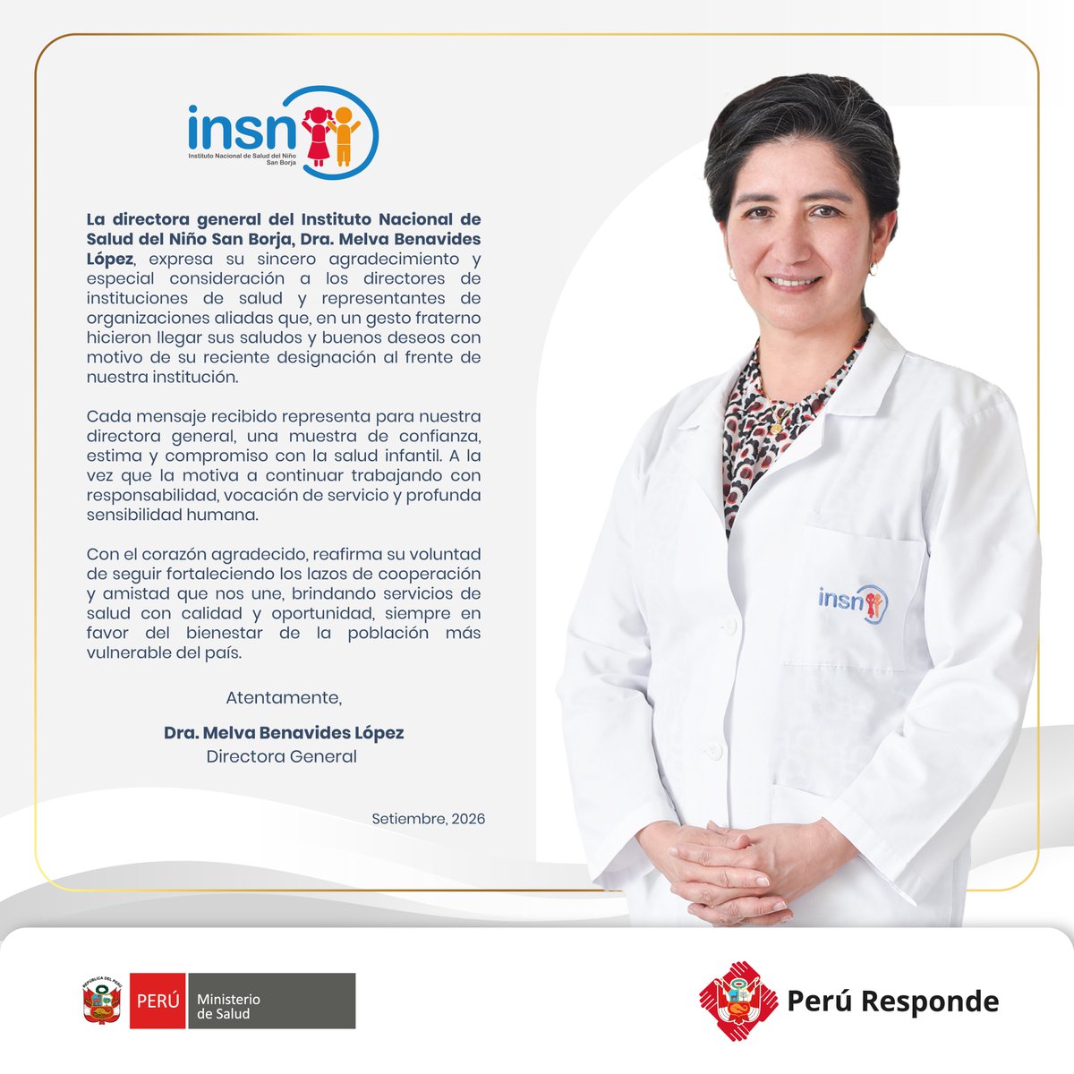 insnsanborja's tweet photo. En el INSNSB iniciamos una nueva etapa y queremos agradecer a todas las instituciones, organizaciones aliadas y representantes que, con sus saludos y buenos deseos, auguran éxitos a la gestión de nuestra directora general, Dra. Melva Benavides López. 

#HumanizarParaSanar https://t.co/aZZYZdlxIs