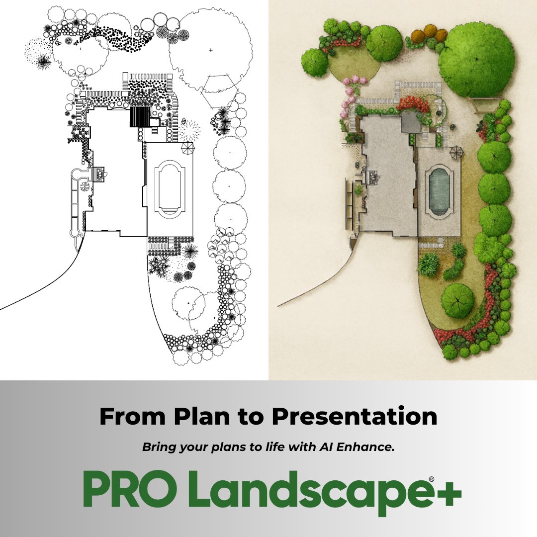 PROLandscape's tweet photo. From plan to presentation with AI Enhance.

Turn a traditional landscape plan into a more realistic, presentation-ready rendering your clients can visualize.

Now available in PRO Landscape+ Planner. Give clients a clearer vision.

#PROLandscape #LandscapeDesign #AI #AILandscape https://t.co/eHRpPE206p