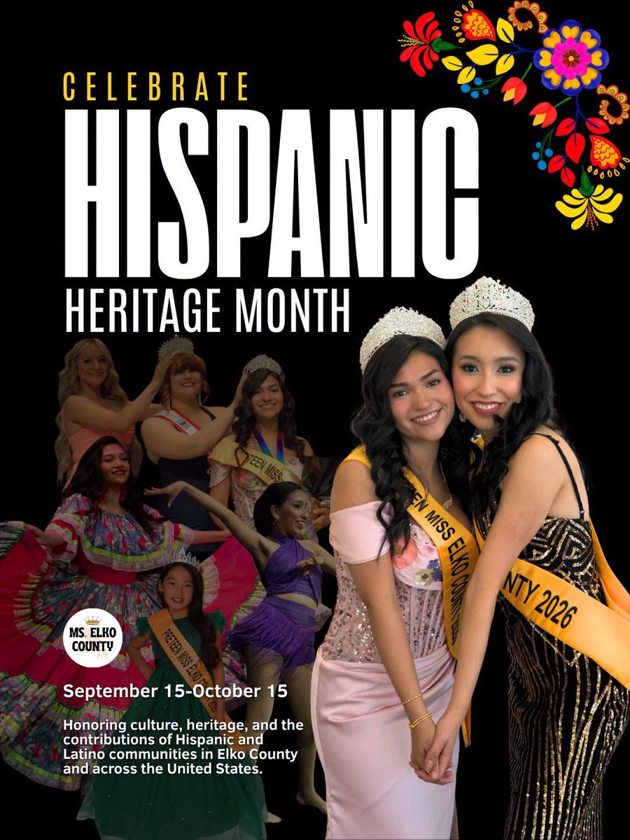 mselkocounty's tweet photo. It's National Hispanic Heritage Month. The Ms. Elko County Pageant and Leadership Program honors the culture, heritage, and contributions of the Hispanic &amp; Latino communities in Elko County, Nevada, and across the United States. 🌎 #hispanicheritagemonth #hhm2026 #latina #latinx https://t.co/vbljcReyFl