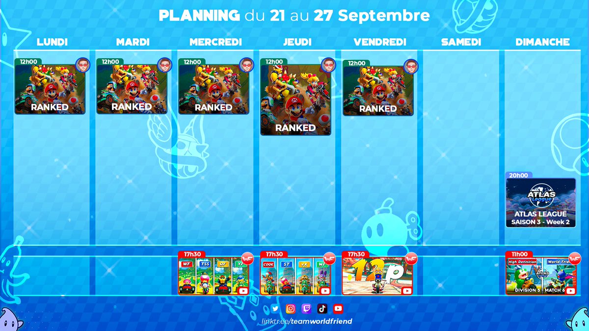 TeamWorldFriend's tweet photo. 🗓️ Planning de la semaine 🗓️

Au programme :
📈 Ranked Mario Kart World avec Huglou
🏟️ Le Week 2 de la saison 3 d'Atlas League dimanche soir à 20h !
🎥 4 nouvelles vidéos sur notre chaîne World Friend Replay https://t.co/BHZEIFPxu0