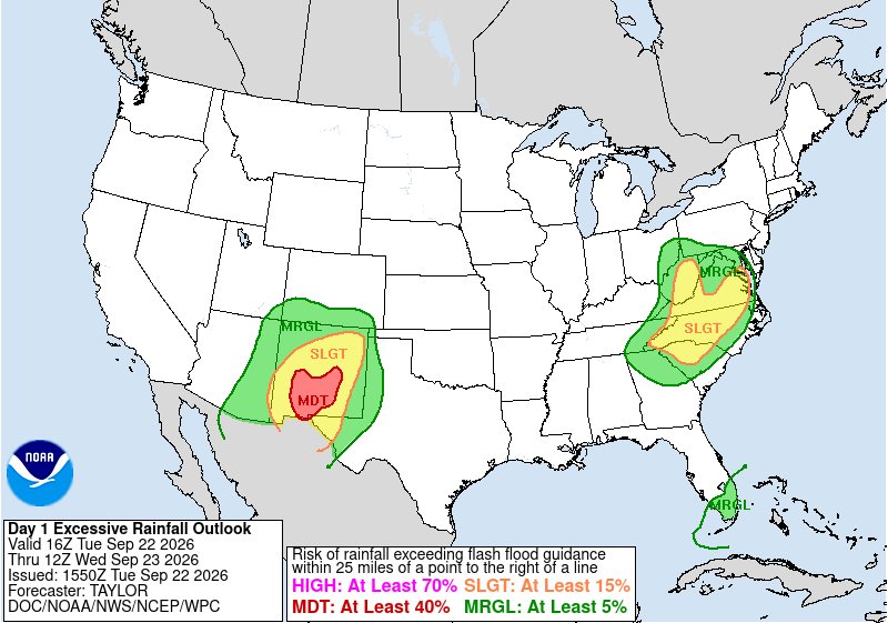 NWSWPC's tweet photo. A MODERATE risk is in effect in our Day 1 Excessive Rainfall Outlook. More details: https://t.co/cfgBoWyKla https://t.co/HTGqMBu6l2