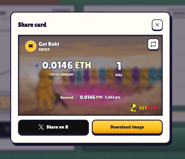playgetrekt's tweet photo. Got a kill? Flex it💀

Every match you play on $REKTETH now gives you a share card, showing your ETH secured, kills and points

Post it on X &amp; tag us → Earn up to 5% from total fees

Play. Share. Get Paid. 

Launching soon on Flaunch Game Mode👀

@flaunchgg https://t.co/BLdSG8YSus