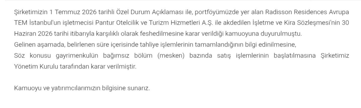 PiyasaTurkiyeTR's tweet photo. #AVPGY Avrupakent GYO, Radisson Residences Avrupa TEM İstanbul’un tahliye işlemlerinin tamamlanmasının ardından bağımsız bölümlerin satışına başlanmasına karar verdi. https://t.co/SjLHx4hrJ0