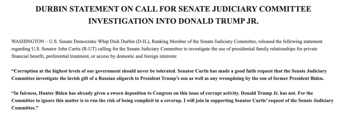 LauraEWeiss16's tweet photo. Top Judiciary Dem DURBIN responds and says he supports Sen. Curtis' request to subpoena Donald Trump Jr. https://t.co/qZHJVk54m4