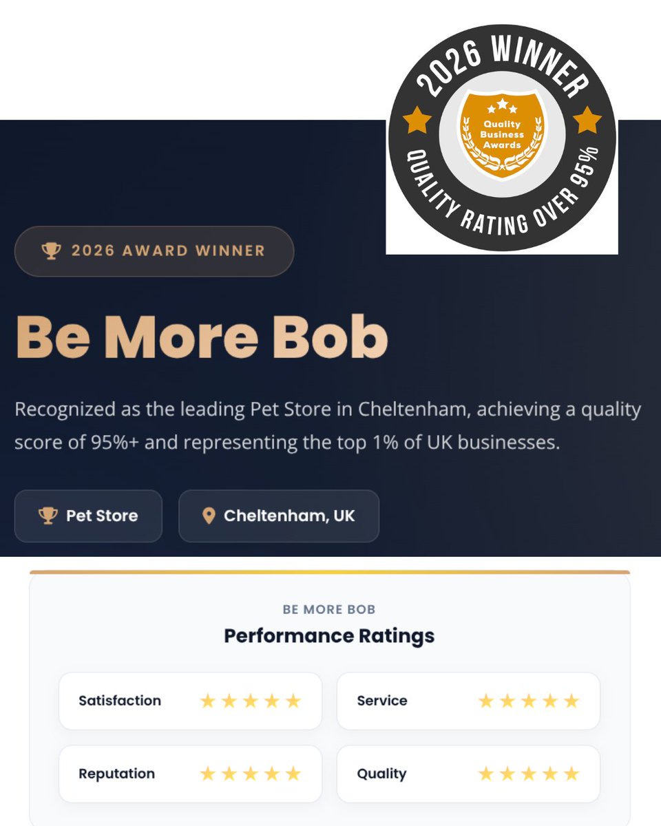 bemorebob2's tweet photo. Dear best pals, we are thrilled to announce that we've won 'Cheltenham's Best Pet Shop 2026' award from the Quality Business Awards.

These awards are given to the top 1% of shops in the country and so we are standing on a log excited about it!

Lots of luffffs, Bob and Dolly https://t.co/X7DXxRnlfu