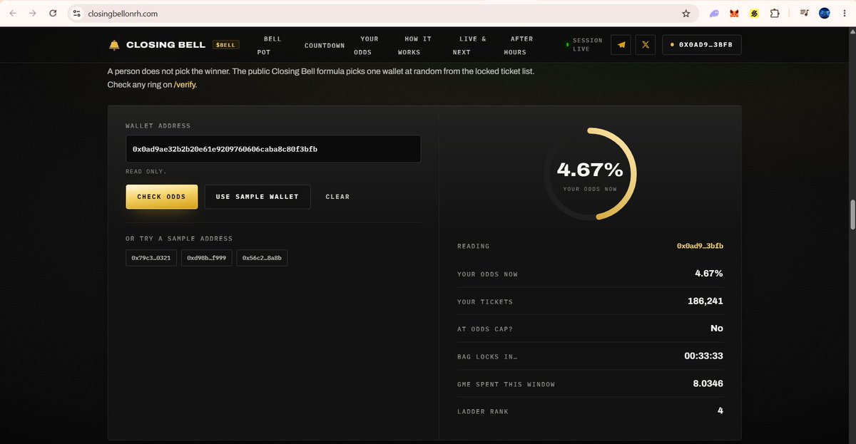 ClosingBellOnRH's tweet photo. Closing $Bell tech allows you to check your odds of winning on our website without connecting your wallet

Just buy $BELL, then input your address on https://t.co/uQmelT2QSy 

Or use the BELLWEATHER cat bot in the telegram with /odds 0xaddress
https://t.co/Ni49Z7CpvM

CA: 0x72c185d3bddfdcea818079482350c36bf48fb1c7