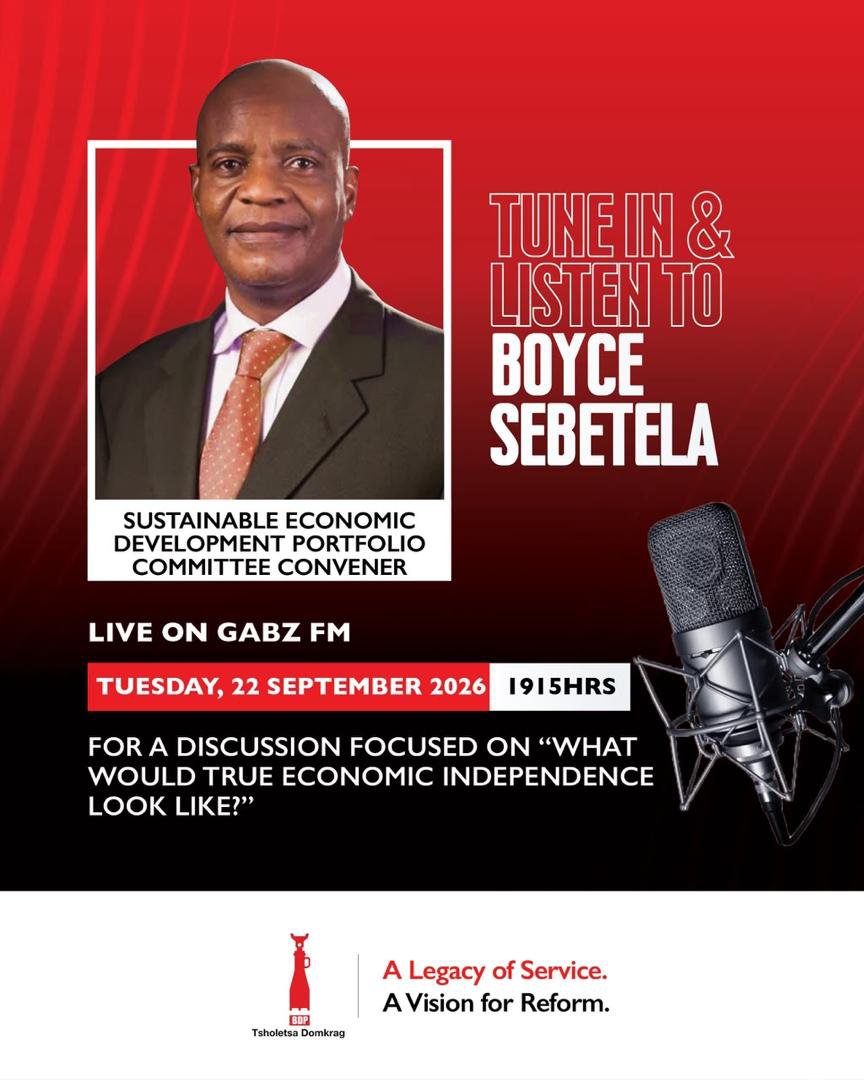 TheOfficialBDP's tweet photo. Tune in to @Gabz_FM later today for a discussion with Boyce Sebetlela on True Economic Independence
πππππππππ πππππππ βͺπ΄β«
#LegacyOfService
#VisionForReform https://t.co/Ppa5vZ3hC9