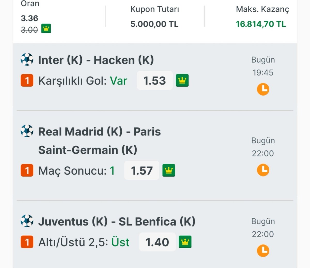 iddaa_avcisi's tweet photo. 🔥 GÜNÜN KUPONU YAYINDA! 🔥
Bugünün öne çıkan karşılaşmalarından hazırladığımız 3 maçlık kupon hazır. ⚽️

📈 Toplam oran: 3.36

Inter – Hacken → KG Var 1.53
Real Madrid – PSG → MS 1 1.57
Juventus – Benfica → 2.5 Üst 1.40

Takipte kalın, günün kuponunu kaçırmayın. 🔥 https://t.co/L6dD6Ph6Lu