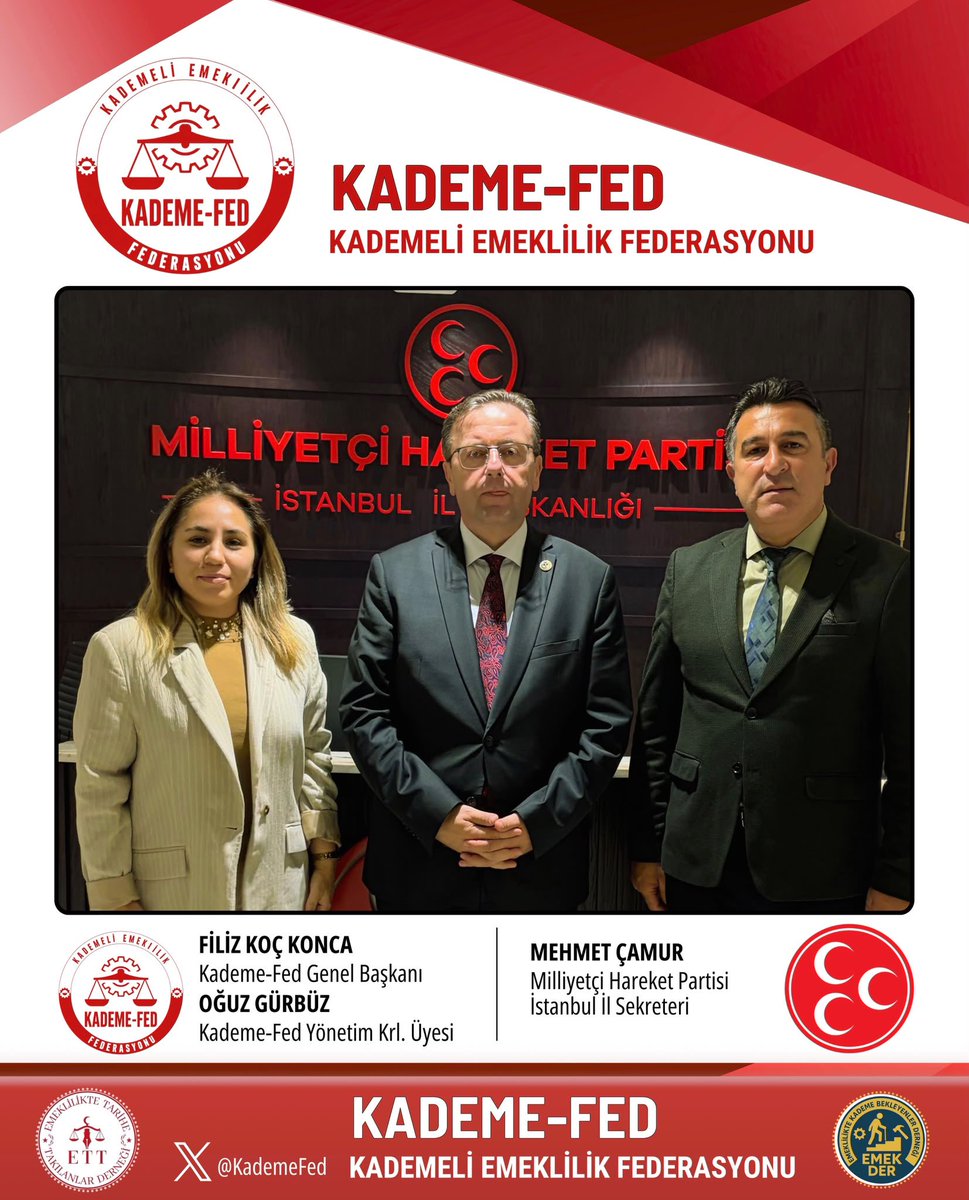 ETTDER1999's tweet photo. 🇹🇷 ETT-DER’den SOSYAL GÜVENLİK ADALETİ İÇİN ÖNEMLİ VE VERİMLİ TEMAS!

Emeklilikte Tarihe Takılanlar Derneği olarak, sosyal güvenlik sisteminde adalet ve eşitliğin sağlanması adına yürüttüğümüz kararlı mücadelemizi her kulvarda sürdürüyoruz.

Bu kapsamda Genel Başkanımız Sayın Filiz Koç Konca ve Yönetim Kurulu Üyemiz Sayın Oğuz Gürbüz, Milliyetçi Hareket Partisi (MHP) İstanbul İl Sekreteri Sayın Mehmet Çamur ile son derece samimi, yapıcı ve verimli bir görüşme gerçekleştirmiştir.

Gerçekleştirilen kabulde Sayın Mehmet Çamur’a;

🔺Sosyal güvenlik alanında yaşanan mevcut mağduriyetler,
🔺Kademeli emeklilik beklentisi taşıyan milyonların haklı ve makul talepleri,
🔺Emeklilikte tarihe takılarak hak kaybına uğrayan vatandaşlarımızın yaşadığı haksızlıklar ve çözüm önerilerimiz detaylarıyla aktarılmıştır.

Toplumumuzun geniş kesimlerini ilgilendiren bu hayati konudaki hassasiyeti, bizleri ağırlarken gösterdiği nezaket, yakın ilgi ve çözüm odaklı yaklaşımı dolayısıyla MHP İstanbul İl Sekreteri Sayın Mehmet Çamur’a şükranlarımızı sunarız.

Milletimizin adalet ve eşitlik beklentisini gür bir sesle dile getirmeye, diyaloğun ve ortak aklın gücüyle tüm mağduriyetler çözüme kavuşana dek mücadelemizi kararlılıkla sürdürmeye devam edeceğiz.

Kamuoyuna saygıyla duyurulur.
EMEKLİLİKTE TARİHE TAKILANLAR DERNEĞİ 

@MHP_Bilgi 
@MHPKADINKOLLARI 
@MhpTbmmGrubu 
@dbdevletbahceli 
@_MHPistanbul_ 
@BBvolkanyilmaz 
@CamurMehmet123 
@BBusraduzgun 
@MHP_KartalIlce 
@Uzunkaya_1453 
@MhpAnkara06 
@erkanakcay45 
@yasaryldrmMHP 
@E_SemihYalcin 
@KverSemih 
@oozgurbayraktar 
@yclblt06

@KademeFed 
@ETTDER1999 
@EmekDerResmi 
#KademeVaktiGeldi