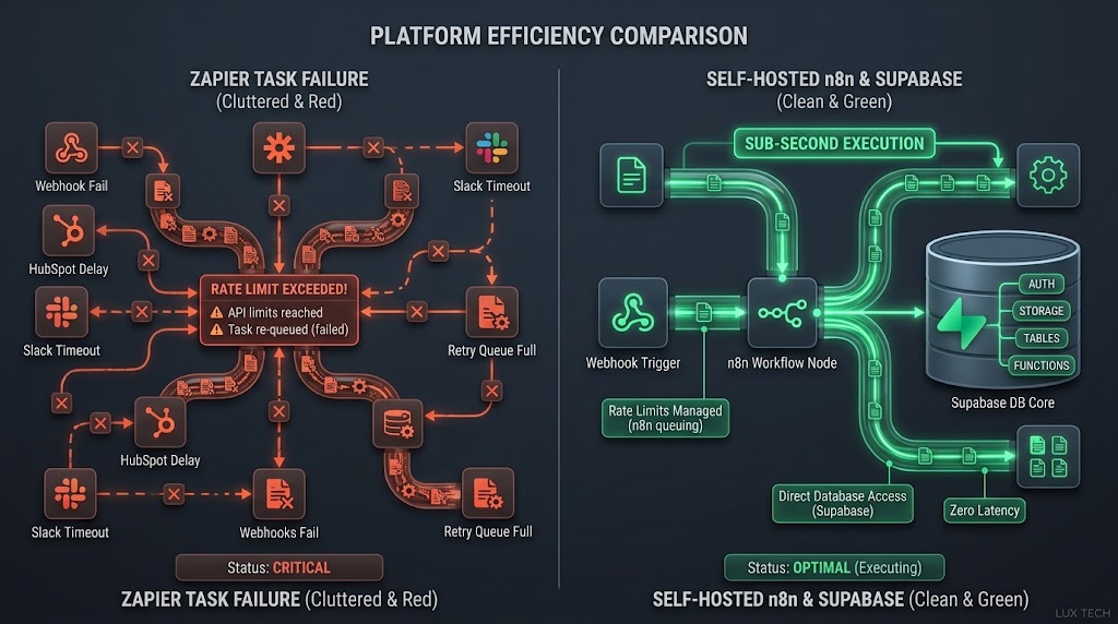 Akusuk7's tweet photo. Most SaaS founders pay $600/mo for Zapier just to drop leads on rate limits.

A self-hosted n8n + Supabase setup handles 10x the throughput at zero per-task costs, sub-second latency, and zero payload loss.

Stop paying for slow glue-code. DM "REVOPS" to rebuild yours. https://t.co/GgkhiCBFrF
