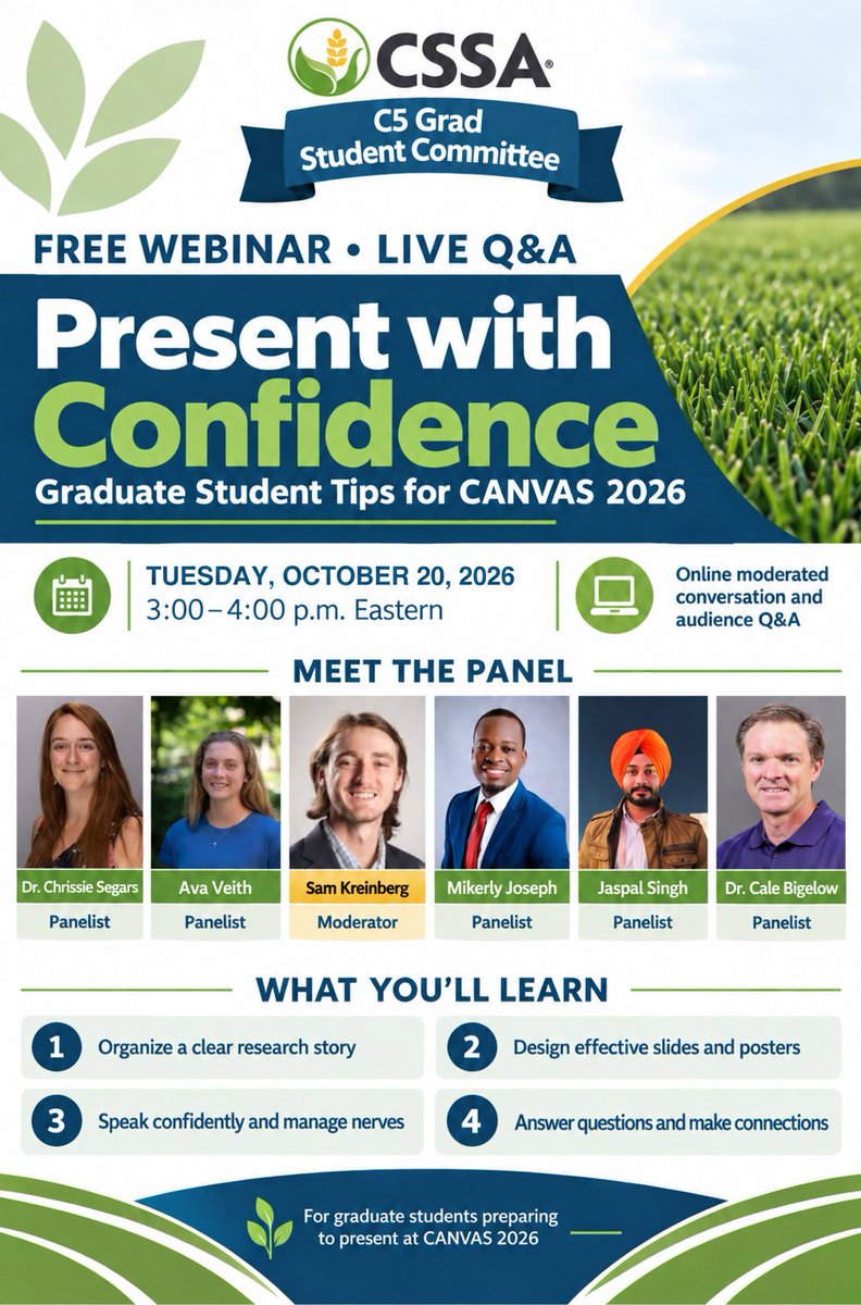 C5GradStudents's tweet photo. Preparing to present at #CANVAS2026? Join us for a free webinar and live Q&amp;A on organizing your research story, designing effective visuals, managing nerves, and answering questions. Sign up below!
@ASA_CSSA_SSSA

📅 Tuesday, October 20 
⏰ 3–4 p.m. ET 
🔗https://t.co/90bcxV9XaP https://t.co/VW19y50hpT
