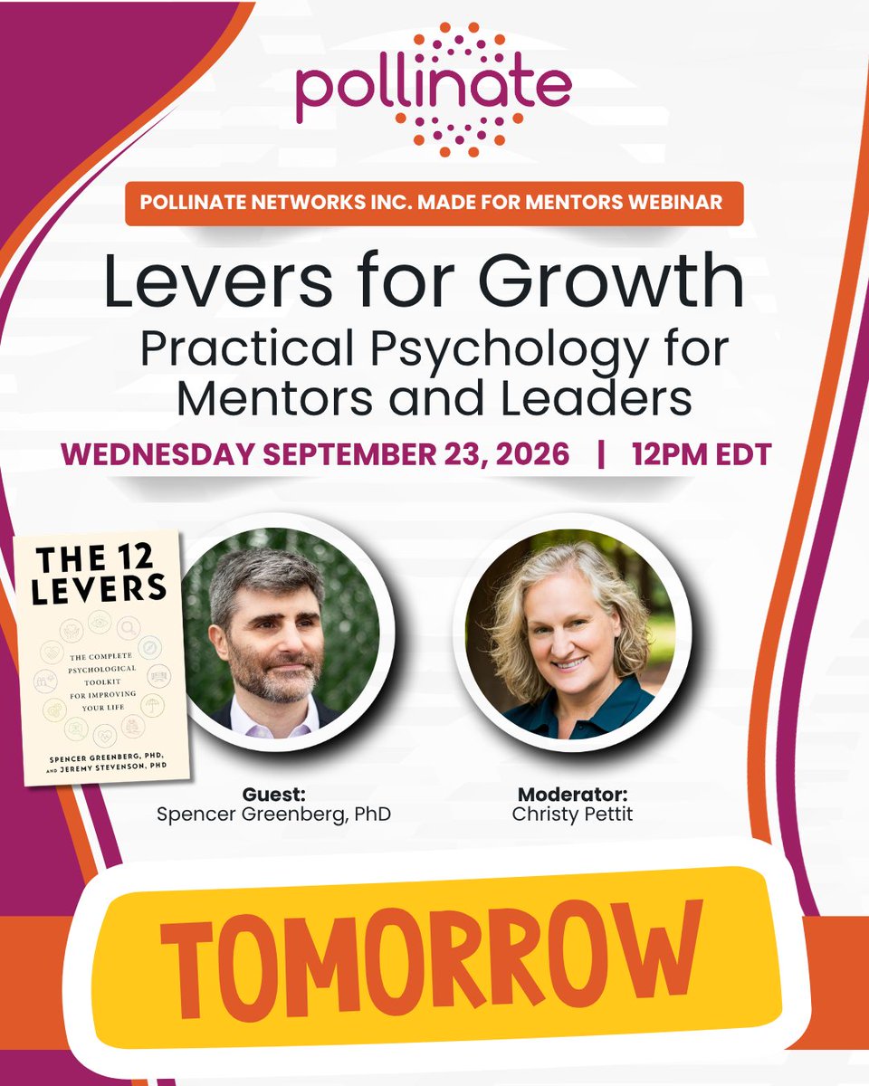 PollinateNet's tweet photo. Tomorrow! Join us live for Levers for Growth: Practical Psychology for Mentors and Leaders with Dr. Spencer Greenberg and Christy Pettit.

Sept. 23 | 12 PM ET
Register: https://t.co/eR3jYYk15R

#Mentorship #Leadership @SpencrGreenberg https://t.co/g8fv5WI8nz