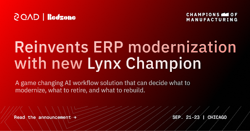 QAD_Community's tweet photo. Today at Champions of Manufacturing, QAD | Redzone introduced Lynx Champion, an agentic AI solution built to solve one of the toughest problems in ERP modernization: understanding decades of legacy customizations well.

📖 https://t.co/uGthnLv1l3

#ChampionsofMFG https://t.co/2R2EzhPin6