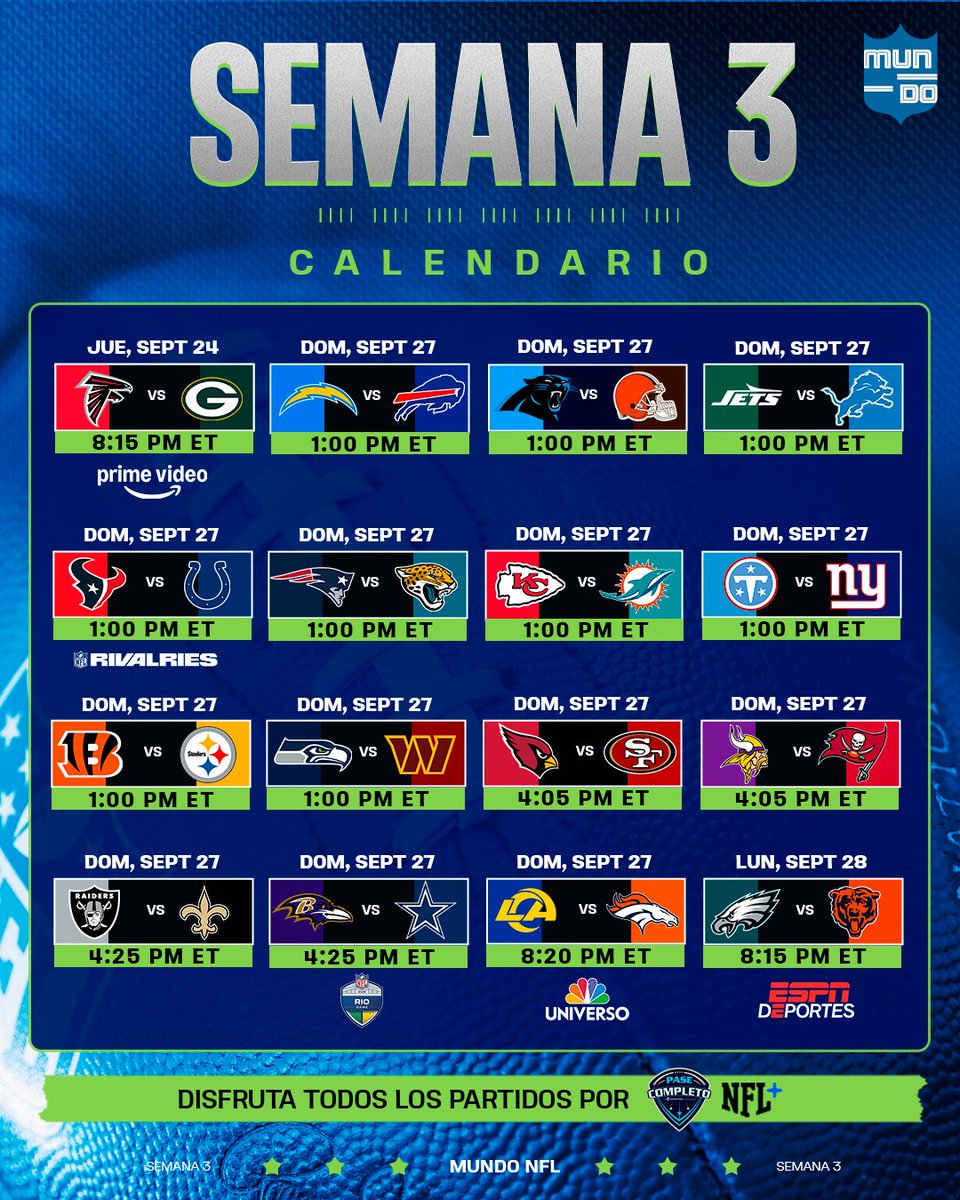 MundoNFL's tweet photo. TENEMOS EL CALENDARIO DE LA SEMANA 3 👀

La NFL regresa a Brasil, NFL X Nike Rivalries y más en esta jornada.

#MundoNFL https://t.co/8n9EEiGdTD