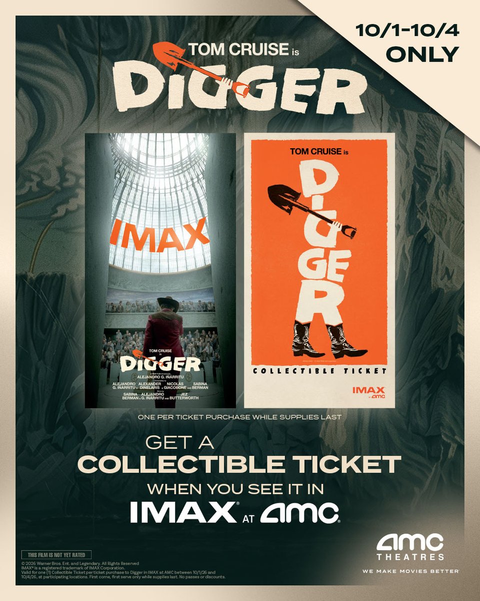 AMCTheatres's tweet photo. Get tickets to experience DIGGER in IMAX at AMC 10/1-10/4 and receive a collectible ticket. Experience the comedy of catastrophic proportions on a screen as massive as the meltdowns and mayhem: https://t.co/duiHZolk54 https://t.co/l8JEnEleyx