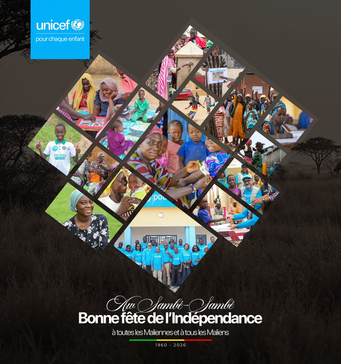 unicefmali's tweet photo. 66 ans d’indépendance. Investir dans chaque enfant, c’est investir dans l’avenir du #Mali.

À l’occasion de la Fête de l’Indépendance, l’UNICEF Mali salue la décision des autorités maliennes de faire de l’éducation et de la culture le thème de l’année 2026-2027.

L’UNICEF réaffirme son engagement aux côtés du Gouvernement, des communautés, des partenaires et des enfants, afin que chaque enfant puisse apprendre, grandir en bonne santé, être protégé et réaliser son potentiel.

AW SAMBÉ SAMBÉ !