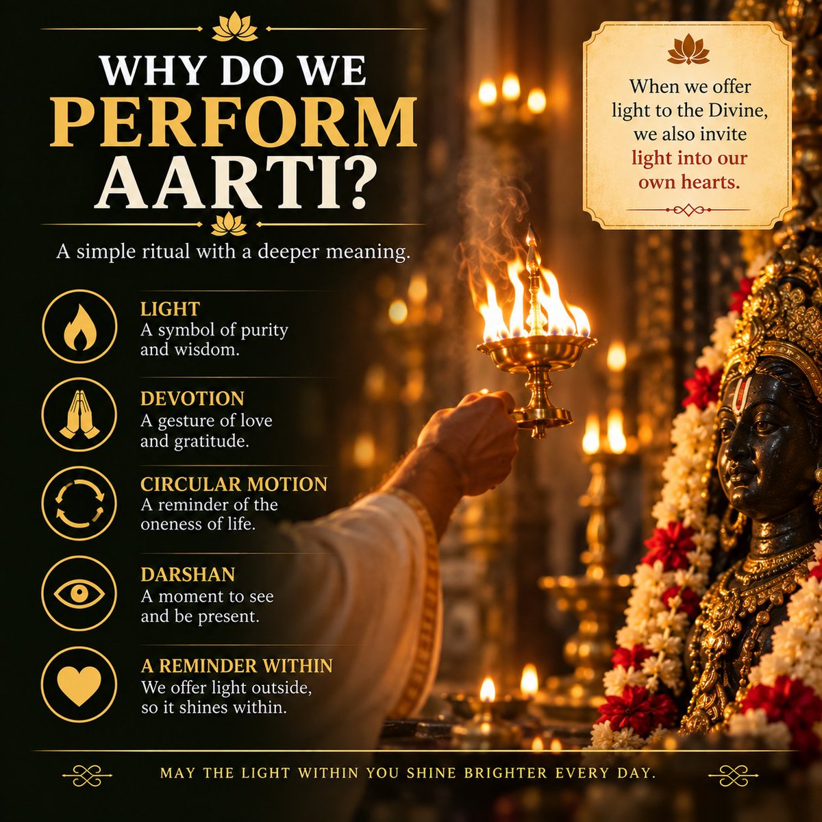 vedic_sanskar's tweet photo. Why do we perform Aarti? 🪔

Perhaps it is more than offering a flame to the Divine.

We offer light outside, so that we remember the light within.

May that light shine brighter every day. 🙏

#VedicSanskar #Aarti #SanatanaDharma #spiritualgrowth #awakening #hindusim https://t.co/zwYE3ePAfR
