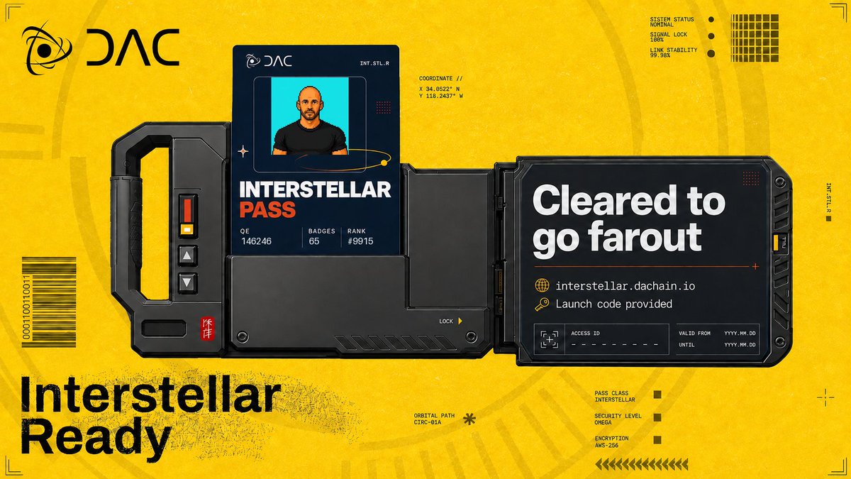 9183204080k's tweet photo. 🚀 I'm pre-registered for the DAC Interstellar Mainnet launch.

Mission card in hand — see you at the gate. 🪪✨

🌌 Quantum-resistant. Built for the next era.

Next stop: Interstellar.

🔗 https://t.co/GVzZQaEu5q

#DAC #DAChain #Interstellar #Mainnet #QuantumChain #Web3 #RWA #DeFi #Crypto #Blockchain #Airdrop #EarlyAccess
@dac_chain