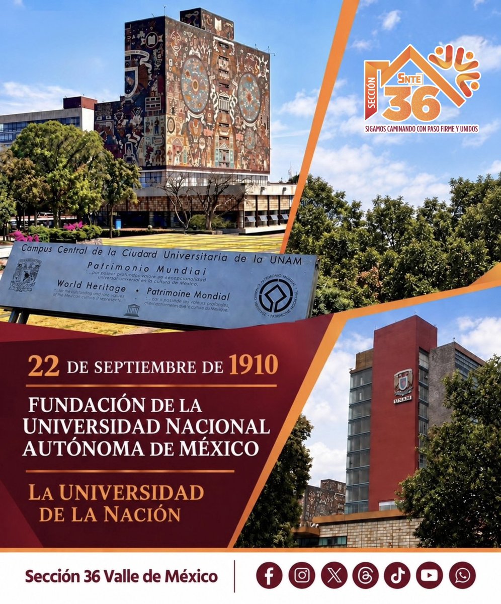 Seccion36Ofic's tweet photo. 🟠 El 22 de septiembre de 1910 fue inaugurada la Universidad Nacional Autónoma de México. Desde entonces, la UNAM ha construido una historia profundamente vinculada al desarrollo educativo, científico y cultural del país.

#SigamosCaminandoConPasoFirmeYUnidos
#Sección36 https://t.co/7EvsKjcgqY