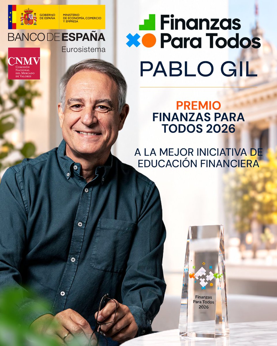 PabloGilTrader's tweet photo. Muy feliz de recibir el Premio Finanzas para Todos 2026 a la Mejor Iniciativa de Educación Financiera por Educación Financiera para la Vida Real.

Un reconocimiento a muchos años de trabajo detrás de los cursos, el libro, los seminarios, la newsletter y los contenidos con un objetivo: ayudar a las personas a tomar mejores decisiones con su dinero.

Gracias al @_minecogob, @BancoDeEspana y @CNMV_MEDIOS, impulsores del Plan de Educación Financiera; al jurado y, sobre todo, a los más de 400.000 que formáis parte de esta comunidad.

Enhorabuena también al Observatorio de los Sistemas Europeos de Previsión Social Complementaria de la Universitat de Barcelona, premiado en la categoría para colaboradores del Plan.

El 5 de octubre recogeremos los premios en la Bolsa de Madrid.

Toda la información 👇
https://t.co/OwfrMCJEQn