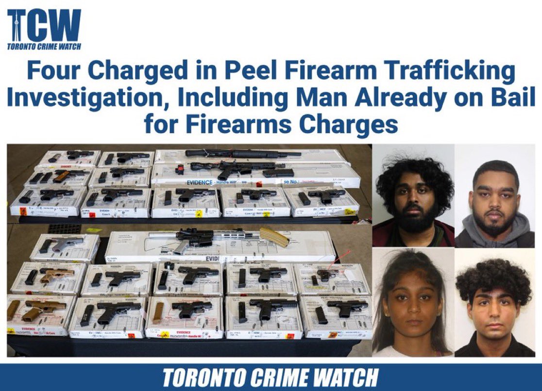 bruce_barrett's tweet photo. Peel police just seized 23 guns smuggled into 🇨🇦 from the U.S.

One is linked to a Mississauga homicide. 

Four suspects in their early 20s now face dozens of charges. 

Two suspects were released on bail.  Notice something?

@CrimewatchTO https://t.co/IbCGViKTYi
