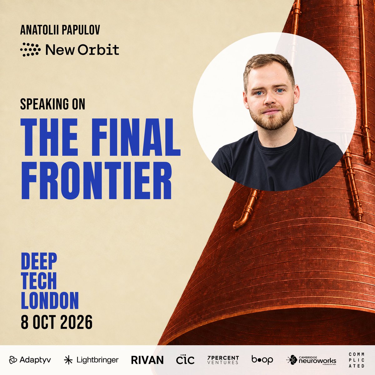 DeepTechLdn's tweet photo. Excited to announce Anatolii Papulov, Founder and CEO of @NewOrbitSpace , for The Final Frontier pillar!

What if small, cheap satellites could do the jobs of big, expensive ones?

Flying at a third of the usual altitude makes that possible, since being closer to Earth means smaller instruments and less power can do the same job.

Satellites can't usually fly that low, because the thin air there drags them back down to Earth within weeks.

NewOrbit has built an engine efficient enough to keep a satellite there for five years, unlocking missions that were impossible for satellites until now.

Flying that low also means no space junk, because a NewOrbit satellite burns up within a month of its mission ending.

NewOrbit raised $18.5M in June to build its satellite factory, and its first satellite has a launch booked for 2028.

📍 The Truman Brewery, London

🗓 8 October 2026

🎟 https://t.co/7jYFirfbRN