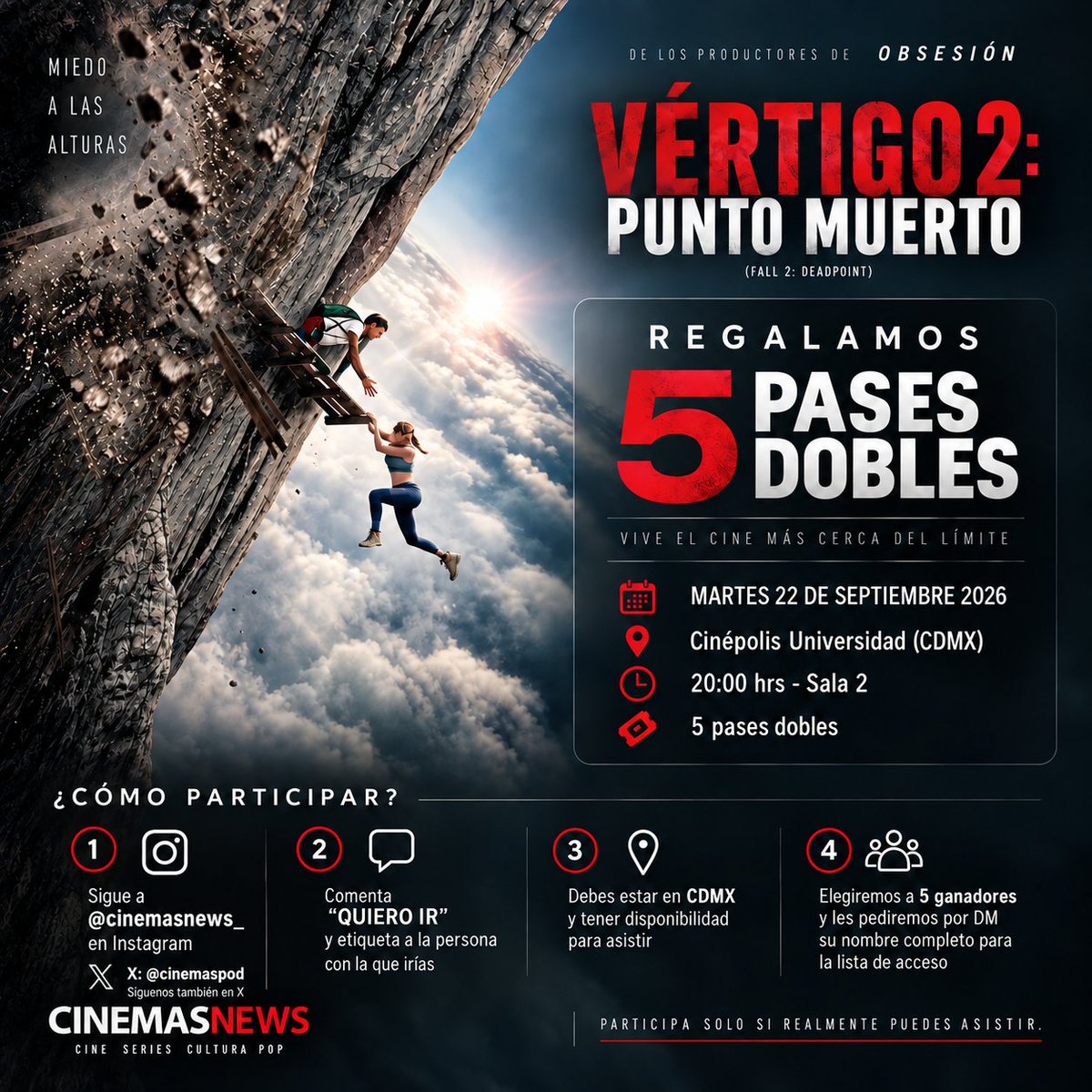 CineMasPod's tweet photo. 🎟️ ¡REGALAMOS 5 PASES DOBLES para VÉRTIGO 2: PUNTO MUERTO!

📍 Cinépolis Universidad, CDMX
🕗 Hoy, 20:00 hrs
Para participar:
✅ Sigue @cinemaspod en X
✅ Sigue @cinemasnews_ en Instagram
✅ Comenta “QUIERO IR” en IG y etiqueta a tu acompañante https://t.co/Io7GTx6JDe