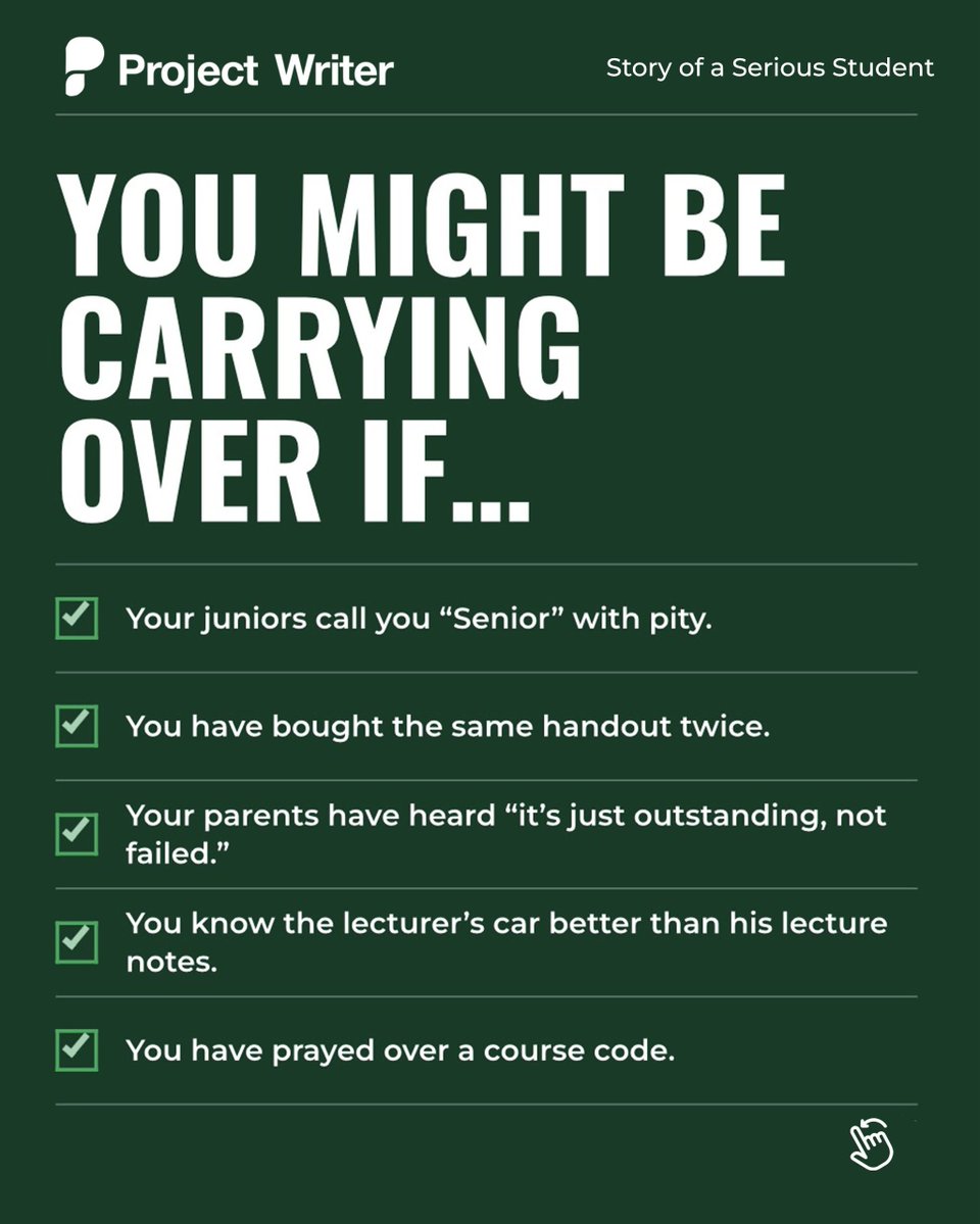 myprojectwriter's tweet photo. Some courses love you so much, they come back next year.
Don’t let your project join them. 🎓 Get your project sorted with Project Writer. DM us now!
#StudentLifeNigeria #ProjectWriter https://t.co/Ffk9Puqtw0